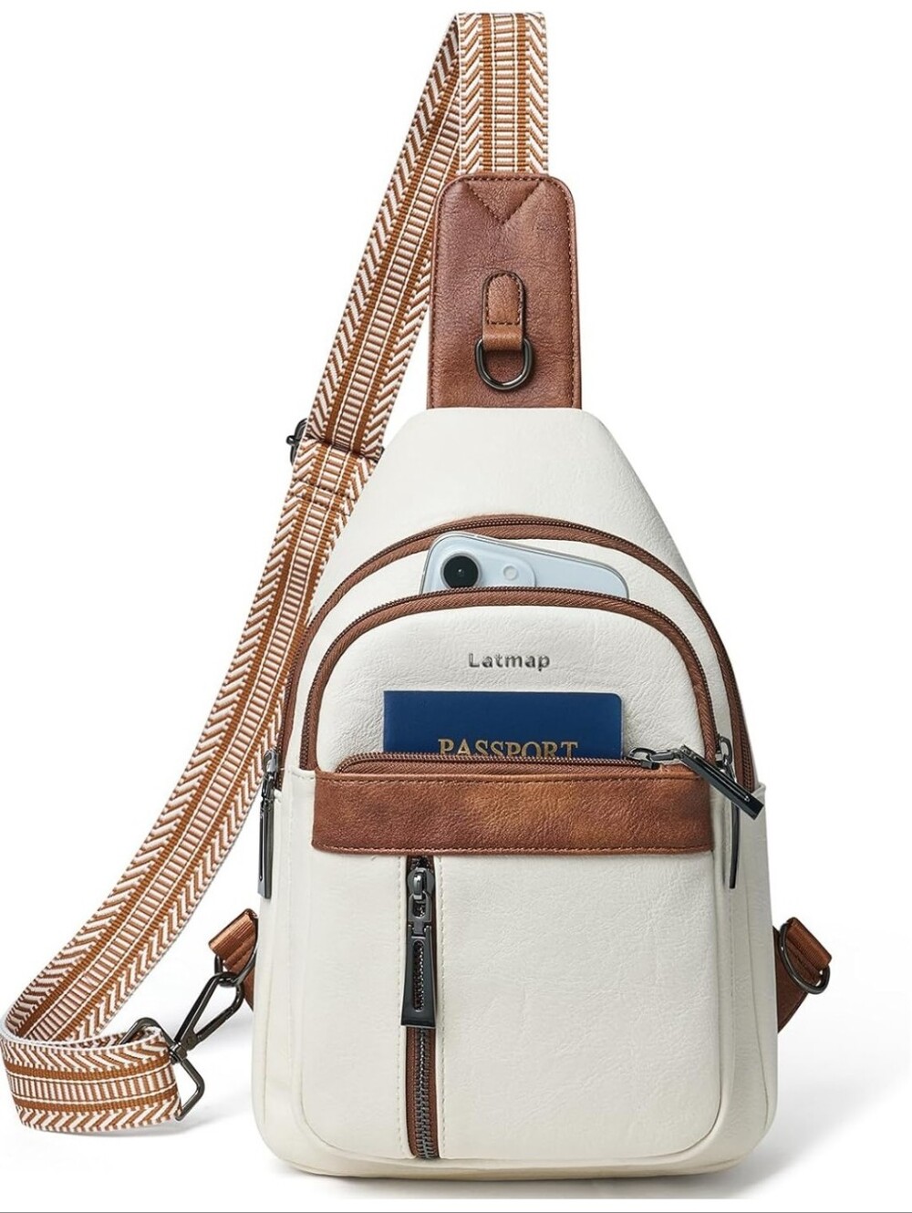 LATMAP Cream and Brown Faux Leather Sling Crossbody Adjustable Travel Bag NWOT